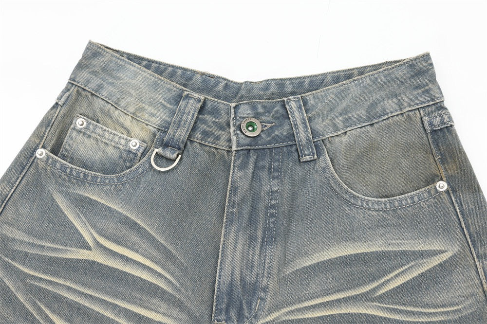 SATC PROJECT  cropped pants denim shorts with a whiskered wash and basic white creasing.