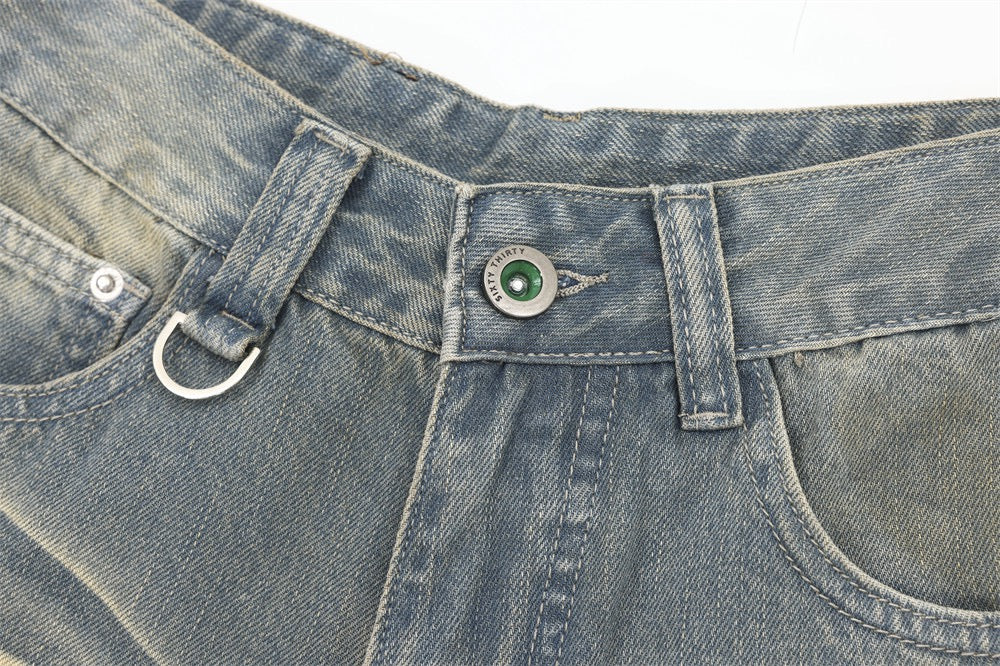 SATC PROJECT  cropped pants denim shorts with a whiskered wash and basic white creasing.